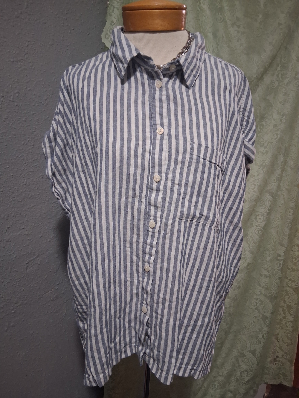 Orvis Blue and White Vertical Stripe Button-Down Shirt